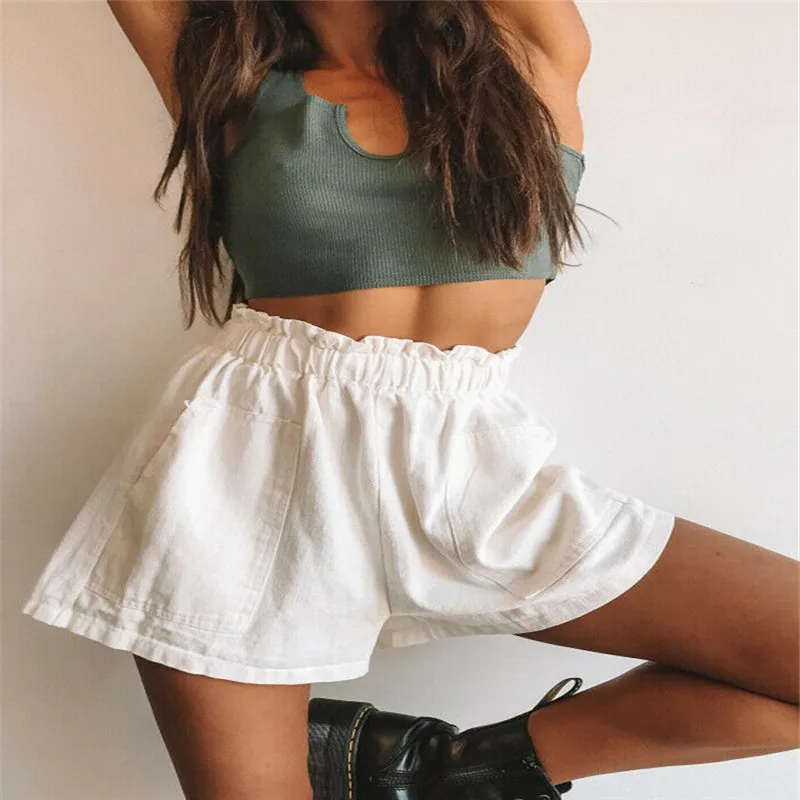 

New women's summer high waist loose linen shorts casual pocket solid color casual shorts beach HOT