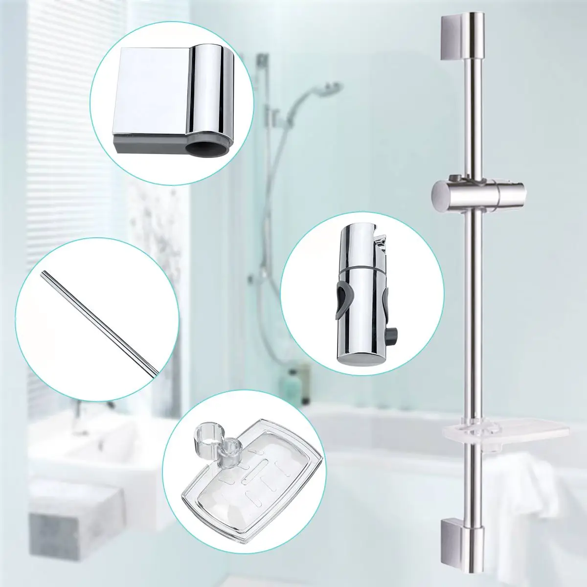 

Stainless Steel Shower Rod With Soap Dish Lifter Stainless Steel Pipe ABS Lifting Frame Adjustable Head Holder