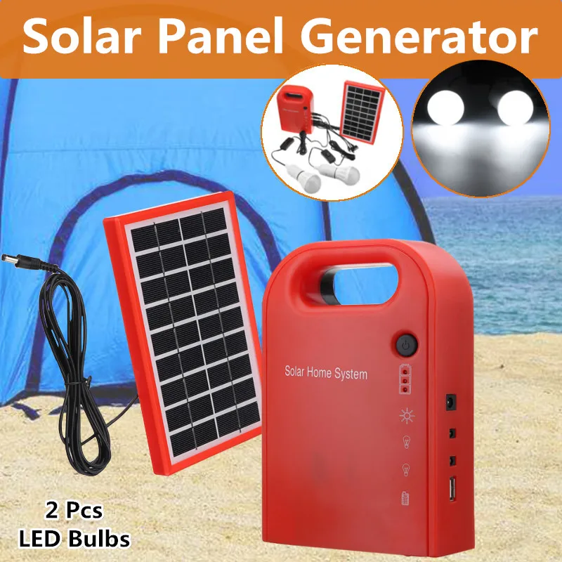 Solar Panel Power Storage Generator+2 Bulbs 9V 3W LED Lighting USB Charger Solar Power Home/Outdoor System Kit