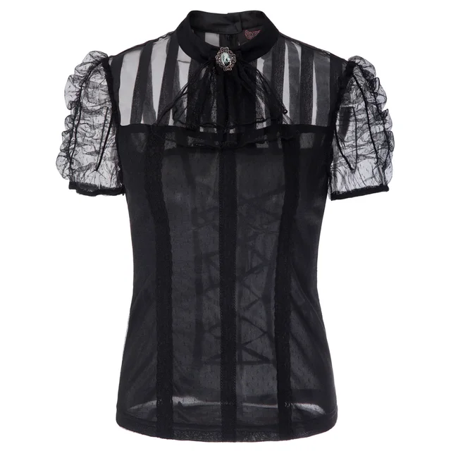 Special Price New Women Vintage Retro Gothic Renaissance Steampunk shirt ladies elegant solid color slim stand neck Short Sleeve Tops + Jabot 