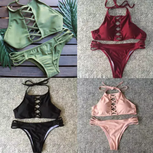 

2019 Summer Fashion Womens Bandage Push-up Padded Bra Bikini Set Solid Swimwear Beachwear Bathing Swimsuit