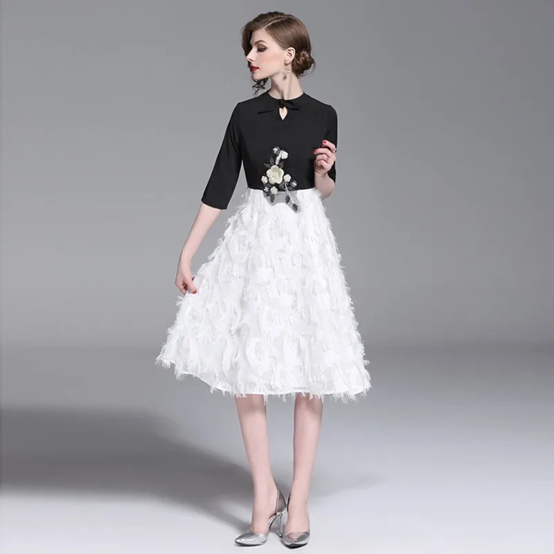 

2019 summer Women Floral Embroidery Dress ladies elegant tassel feathers half sleeve Vestidos Casual Slim Office Party Dresses