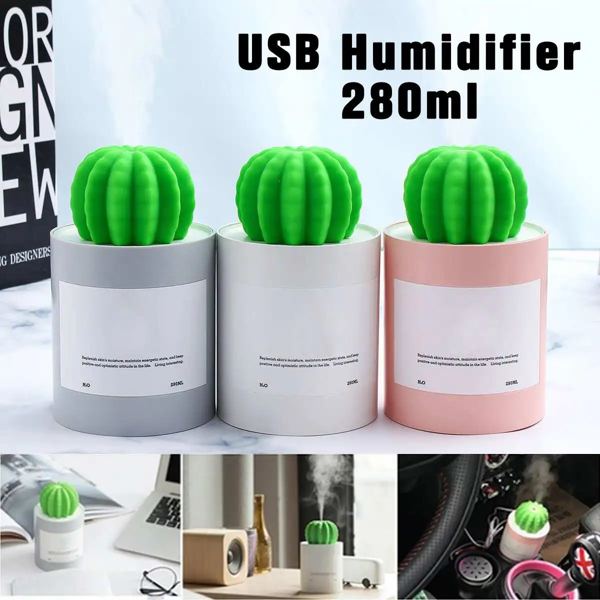 

Mini 280ml Cactus Ball Ultrasonic USB Air Humidifier Air Diffuser Purifier Low Noise Aromas Essential Oil Diffuser for Home Car