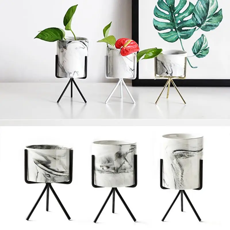 

Flower Pot Marble Iron Ceramics Flowerpot Fleshy Ceramic Plant Pot With Iron Rack Pots For Flowers Garden Decoration