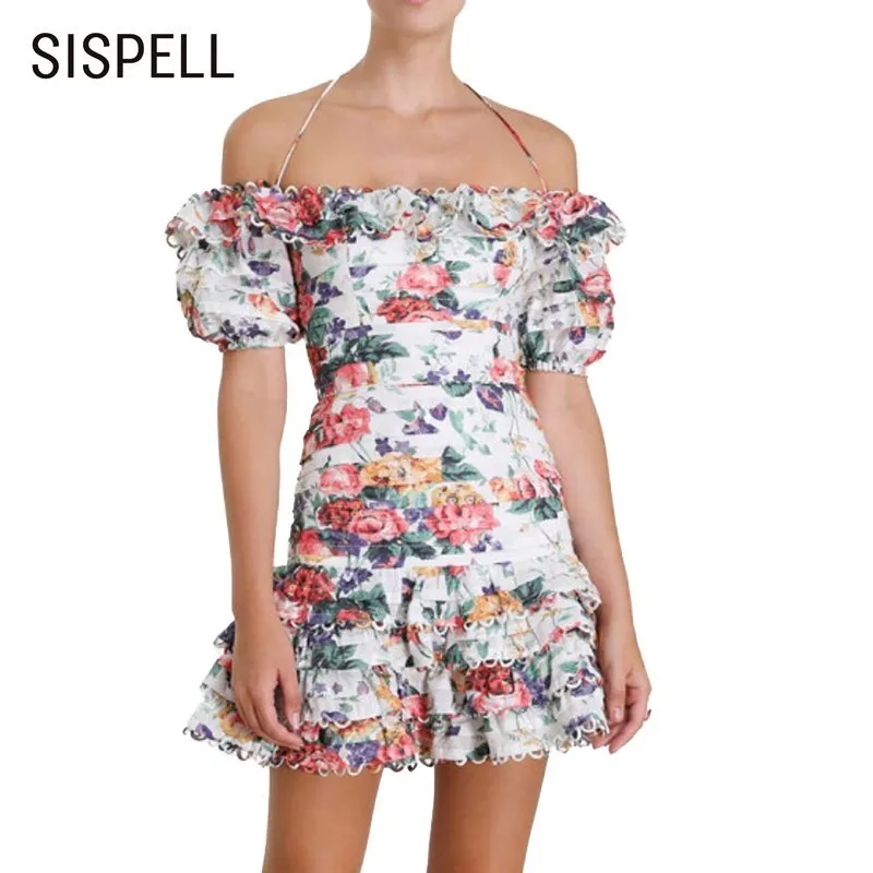 

SISPELL Summer Sexy Print Slash Neck Women Dress Off Shoulder Hollow Out Puff Sleeve Mini A Line Dresses Female 2019 Fashion New