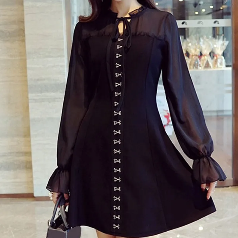 

2019 Fashion Women Black Lace-Up Elegant Dress Office Lady A-Line Vintage Dress Bow Tie Neck Flare Sleeve Mini Dress