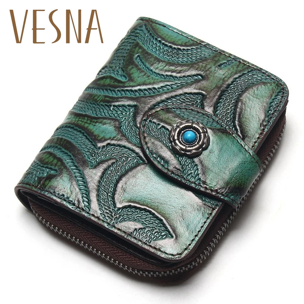 

Vesna Accordion Wallet Brush Color Carve Flower Pattern Genuine Leather Retro Wallet Women Zipper Around Wallet