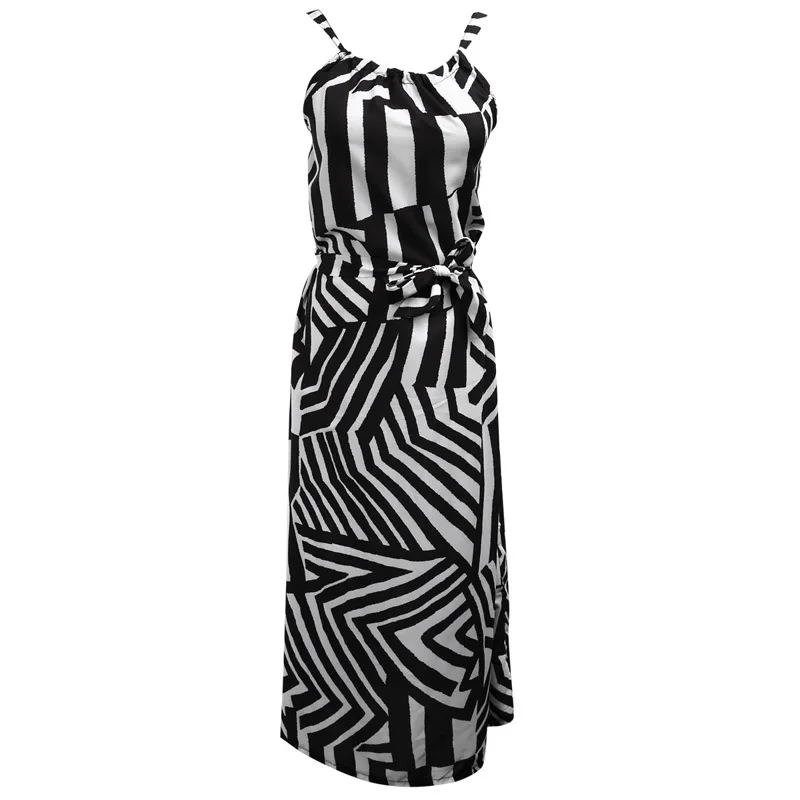 Women Long Dress Boho Summer Fashion Casual Dress Sleeveless Striped Bow High Waist Straight Ankle=Length Dress Sundress