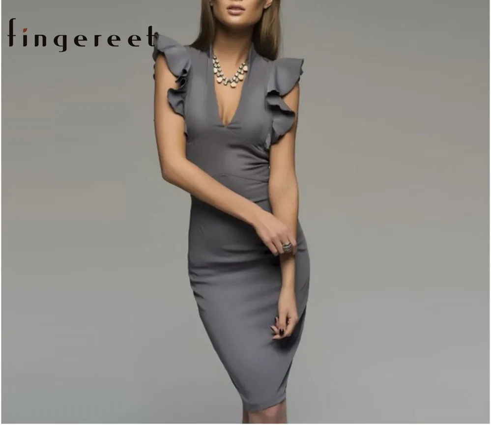 Women pencil dress with Deep V-neck lotus leaf sleeves solid color grey and black are optional | Женская одежда