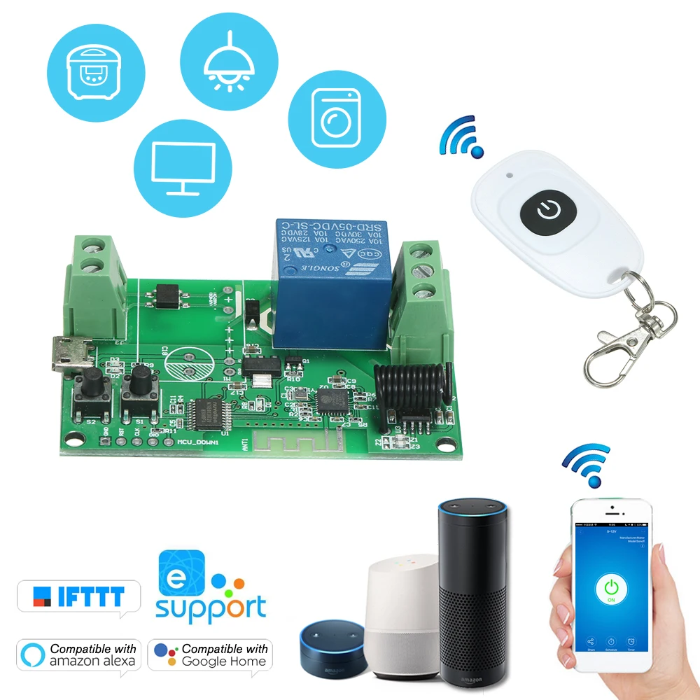 

5V /12V / 220V Wifi Switch Wireless Relay Module RF 433MHz Remote Switch+1PCS RF 433MHz Remote Controller Access Control System