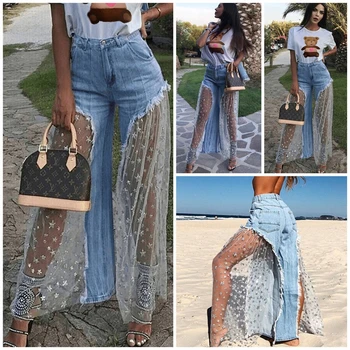 

Women Casual Ripped Mesh Denim Jeans Destroyed Split Joint Lace Tulle High Waist Pants Beach Jeans Trousers