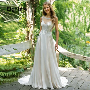

Eightale Boho Wedding Dress Cheap Scoop Appliques A-Line Chiffon Skirt Princess Bride Dress Lace Wedding Gowns Free Shipping