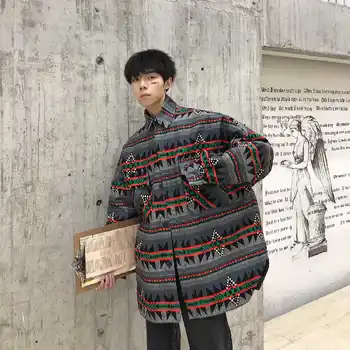 

2019 Spring Men Casual Loose Personality Printing Outwear Coat Turn-down Collar Long Sleeve Black/white Cotton Shirt Homme M-XL