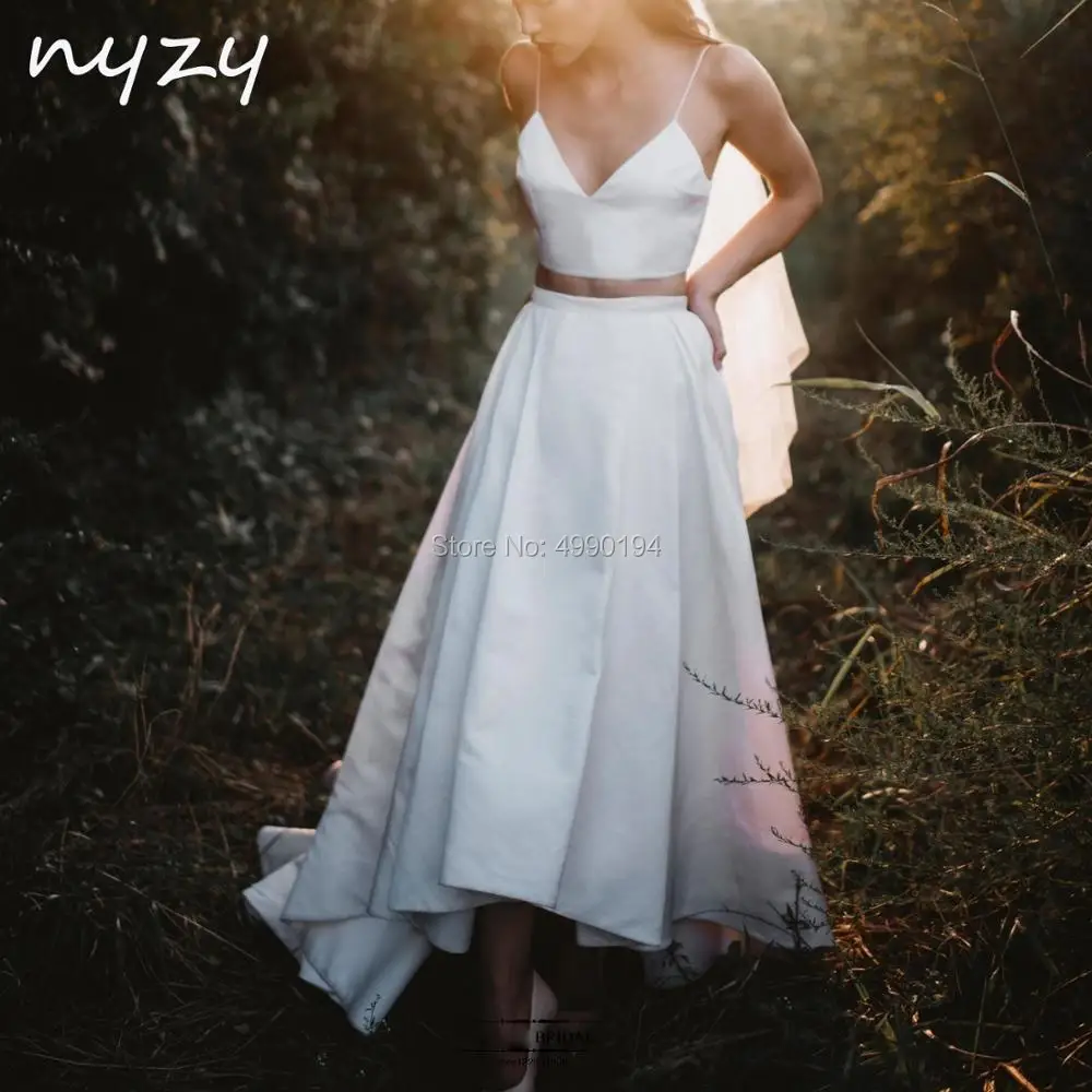 

NYZY W7 Simple Satin 2 Piece Beach Boho Wedding Dress 2019 High Low Short Front Long Back vestido de novia robe de mariee