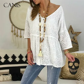 

Women Casual Lace Top Ladies Short Sleeve Summer loose oversize Blouse Elegant Mesh hollow out Boho Beach blusa feminina