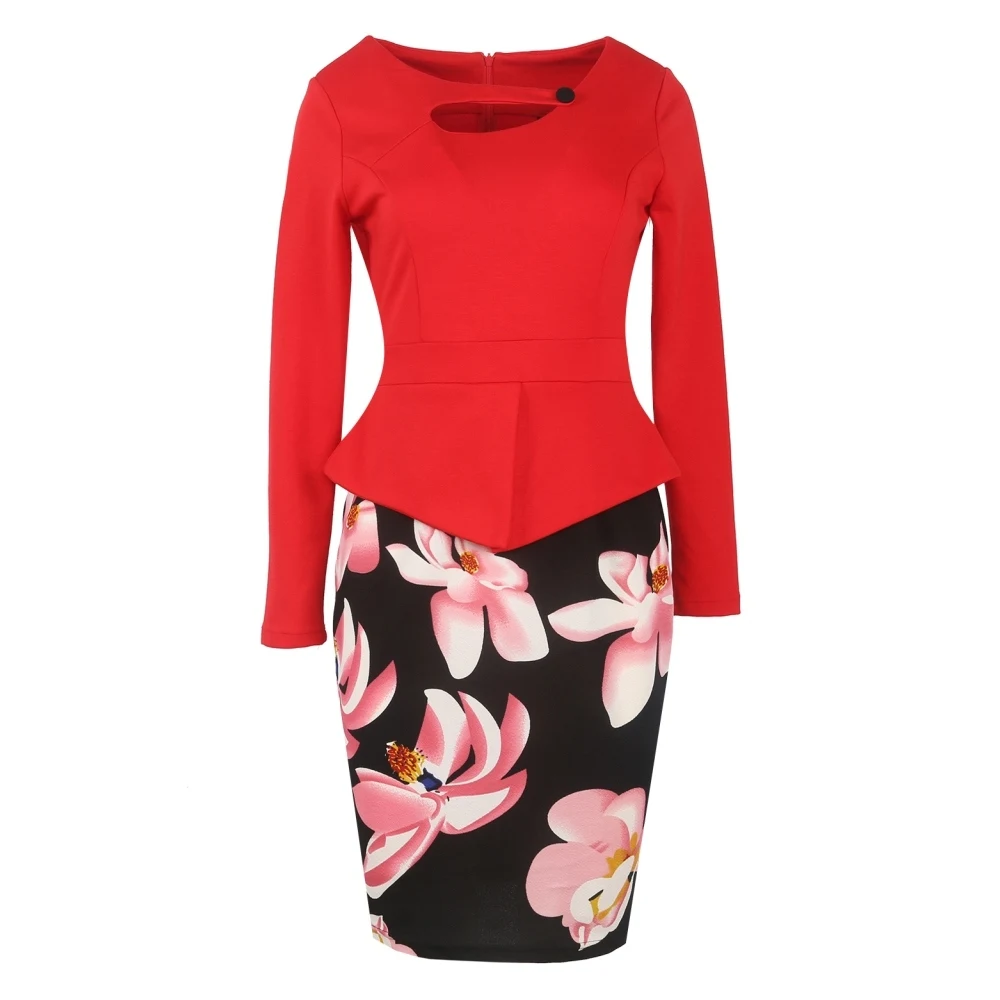 

Wipalo Women Fall One Piece Patchwork Floral Print Elegant Business Party Formal Office Plus Size Bodycon Pencil Work Dresses
