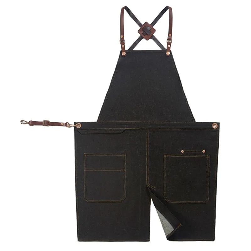 Black Denim Split Leg Apron Cow Leather Cotton Straps Barber Florist
