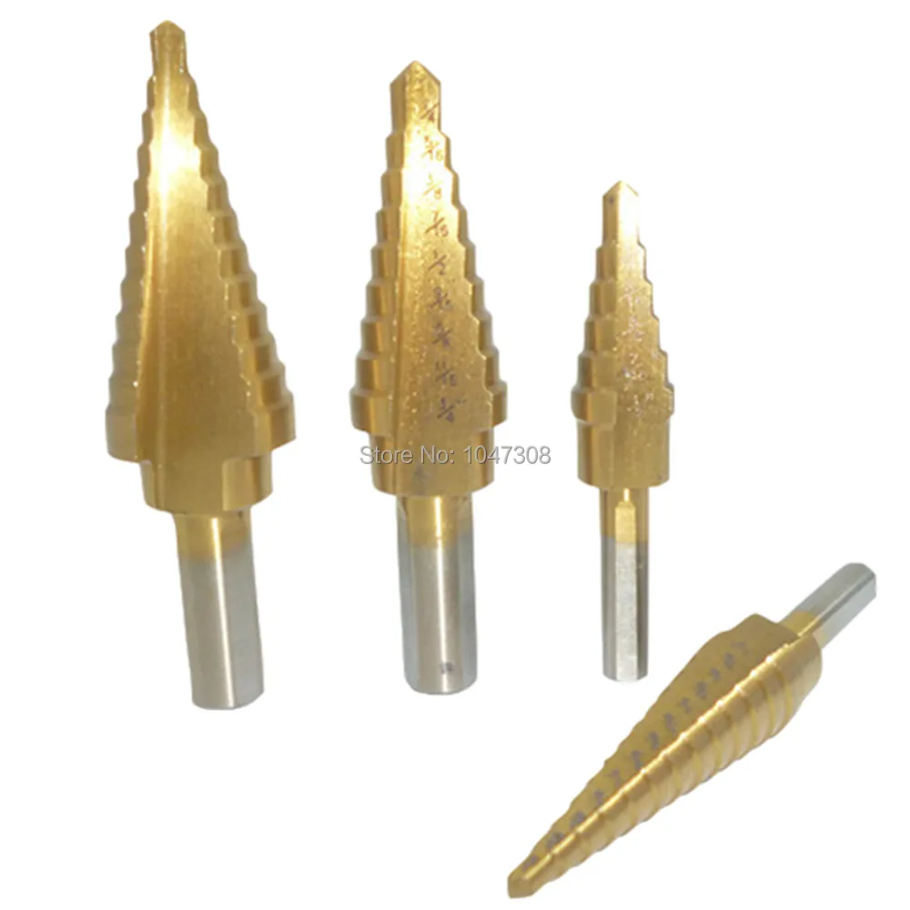 

4pcs Step Drill Bit Titanium Hss Industrial Reamer 3/16-1/2 1/4-3/4 3/16-7/8 1/8-1/2 for Drilling Soft Metal Steel Wood Pvc
