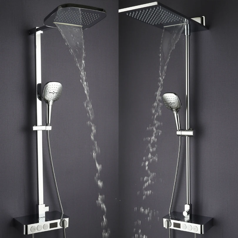 Bathroom Rain Shower Set Thermostat Faucet Mixer Tap Chrome Brass Waterfall Bath Shower Head Digital Shower Panel System Bathroom Rain Shower Set Thermostat Faucet Mixer Tap Chrome Brass Waterfall Bath Shower Head Digital Shower Panel System