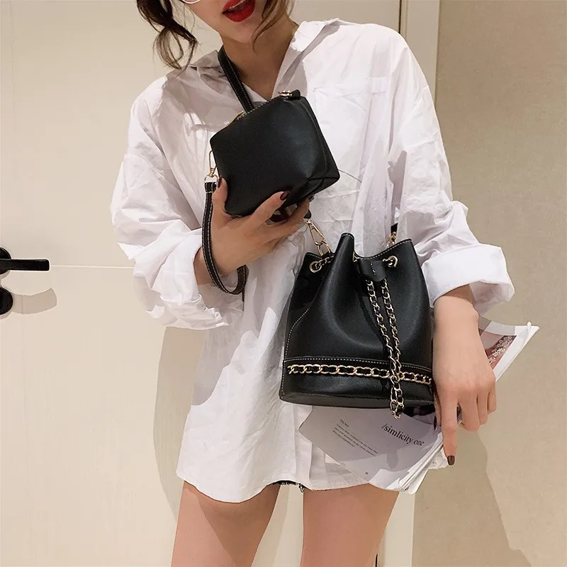 

Fashion Patchwork Crossbody Bag For Women Chain Shoulder Bags 2pcs/set Design Solid Women's HandBag Luxury PU Leather Bucket Bag