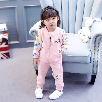

2018 Autumn And Winter Girl Cartoon Kitty Twinset Children Baseball Clothing Suits