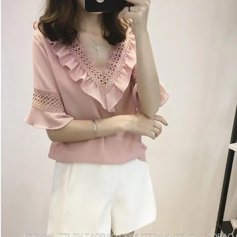 

Hollow Out V-Neck Sweet Ladies Chiffon Short Shirts Summer Solid Color Women'S Blouses Shirt Top 4XL Plus Size Lace