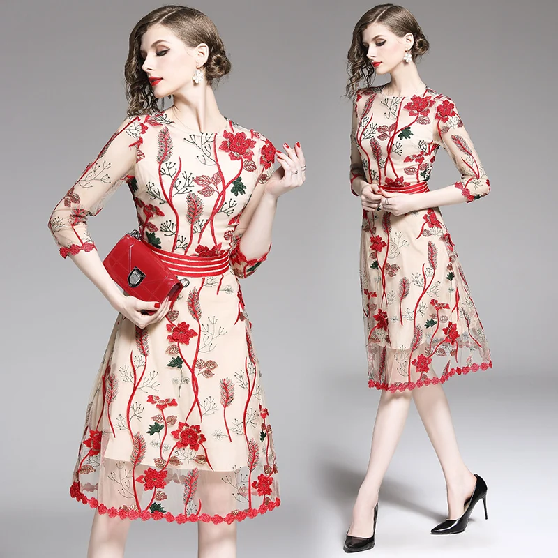 

Casual Vestidos Flower red Embroidery Dress Women 2019 summer party Office Lady Stand Bodycon Dress mesh net