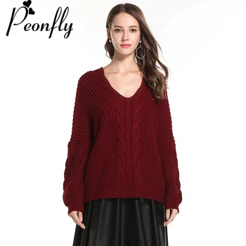 

PEONFLY Women Sweater sexy V-neck Solid Color Knit Pullovers Autumn Fashion Elegant Loose Long Sleeve Casual Tops Female