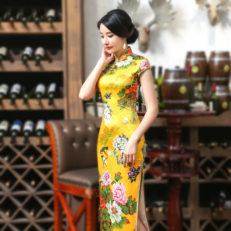 Шэн Коко желтый Qipao платья для женщин цветы Винтаж Cheongsam парчи длинные женские летние печати плотный корсет платье-Ципао 2XL XXXL