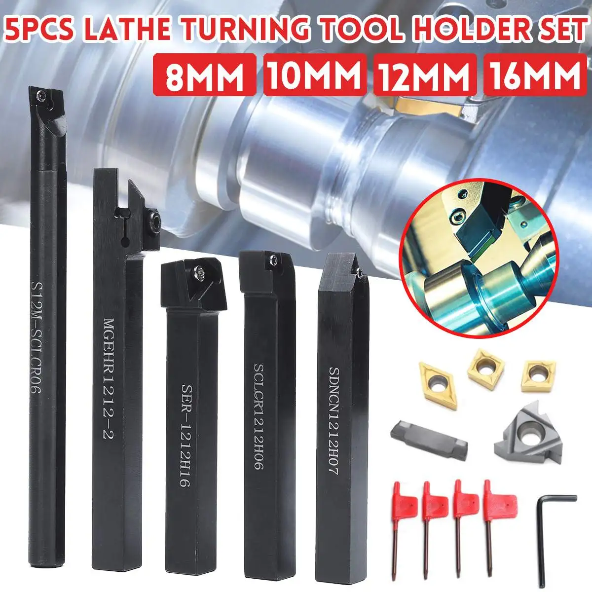

8mm/10mm/12mm/16mm 5Pcs 40Cr Alloy Steel Lathe Turning Tool Holder Set With Insert Wrenches For Lathe Turning Tool