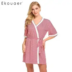 Ekouaer кимоно халат для женщин Ночное Открытое Спереди V образным вырезом короткий рукав полосатый сна халаты Ночная рубашка халаты