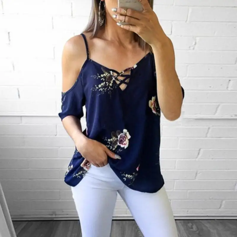 

Summer Sexy Women Blouse Off Shoulder Half Sleeve Spaghetti Strap Cross Bandage Backless Shirt Loose Chiffon Floral Blouse#1124
