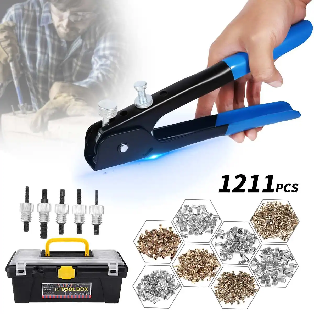 

1211Pcs Nuts Rivnut Nutsert Riveting Tool M3-M8 Blind Rivet Nut Fastener Box Kit