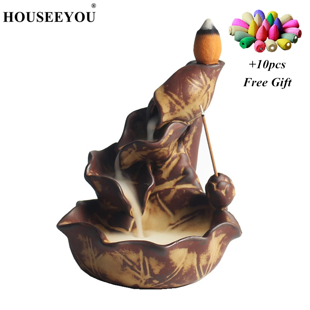 

10 Incense Cone + Lotus Fountain Incense Holder Burner Waterfall Backflow Home Decor Buddhist Aroma Censer Aromatherapy Furnace