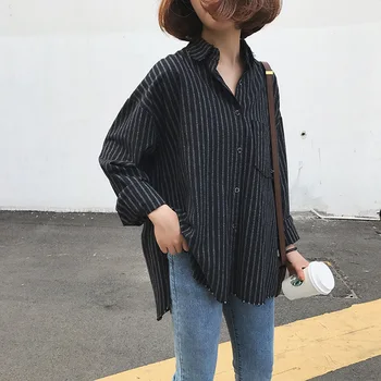 

Vertical Striped Loose Was Thin Long Sleeve Shirt Female 2018 Spring Korean-Style Versatile Leisure Bottoming Shirt