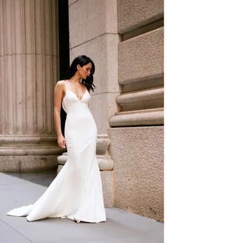 

Sexy Spaghetti Straps Backless Satin Mermaid Wedding Dresses Simple Formal Women Bridal Wedding Gowns Robe 2019