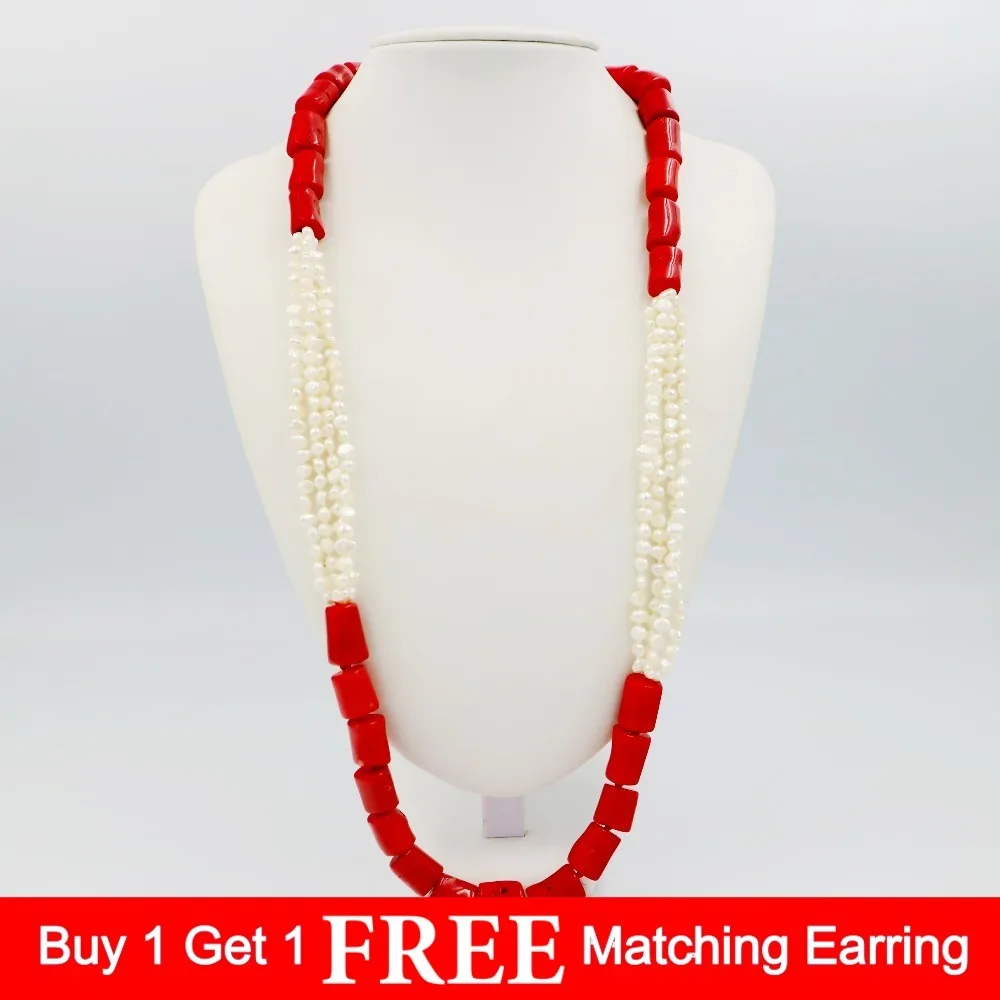 

LiiJi Unique Fashion Necklace Natural Red Coral Tube Shape&Freshwater Pearl Long Sweather Necklace 30''/76cm