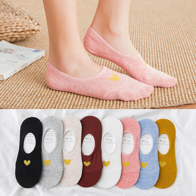 Невидимые женские дышащие хлопковые носки с принтом; модные милые Нескользящие носки ярких цветов в форме сердца
