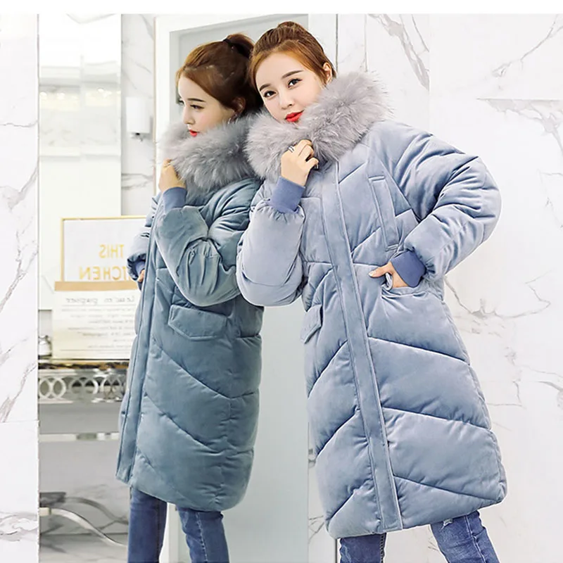 Velvet Down Jacket Female Winter Big Fur Collar Parka Korean Slim Large Code Coat For Ladies Loose Long Winter Jacket Women