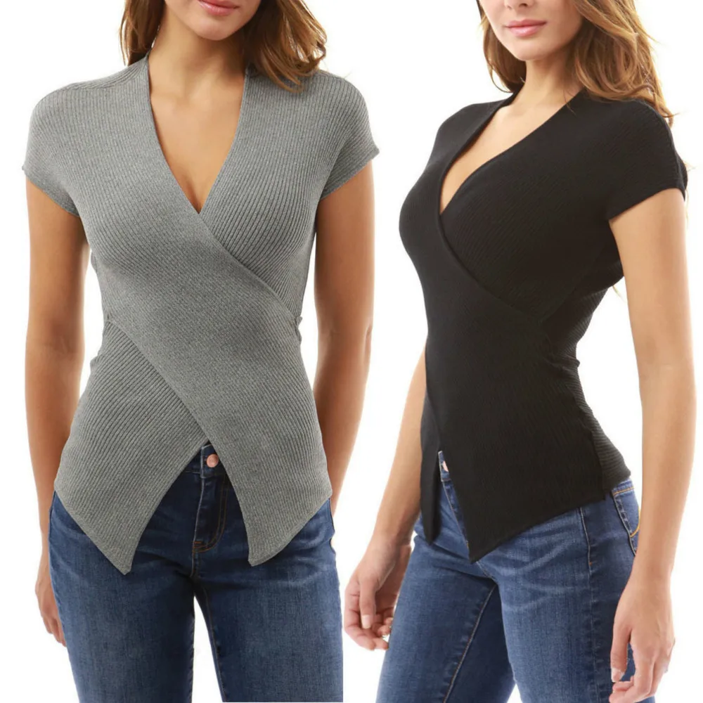 

UGUEST Spring Lady V Neck Solid Slim Tshirt Short Sleeve Women Top Sexy T-Shirt Black Gray Casual Tshirts