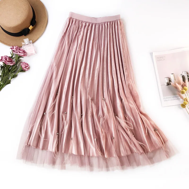 

High waist mesh Tulle Long skirt ostrich Studded velvet Women Fashion 2018 Autumn Winter female Pleated Skirt Faldas Mujer Saias