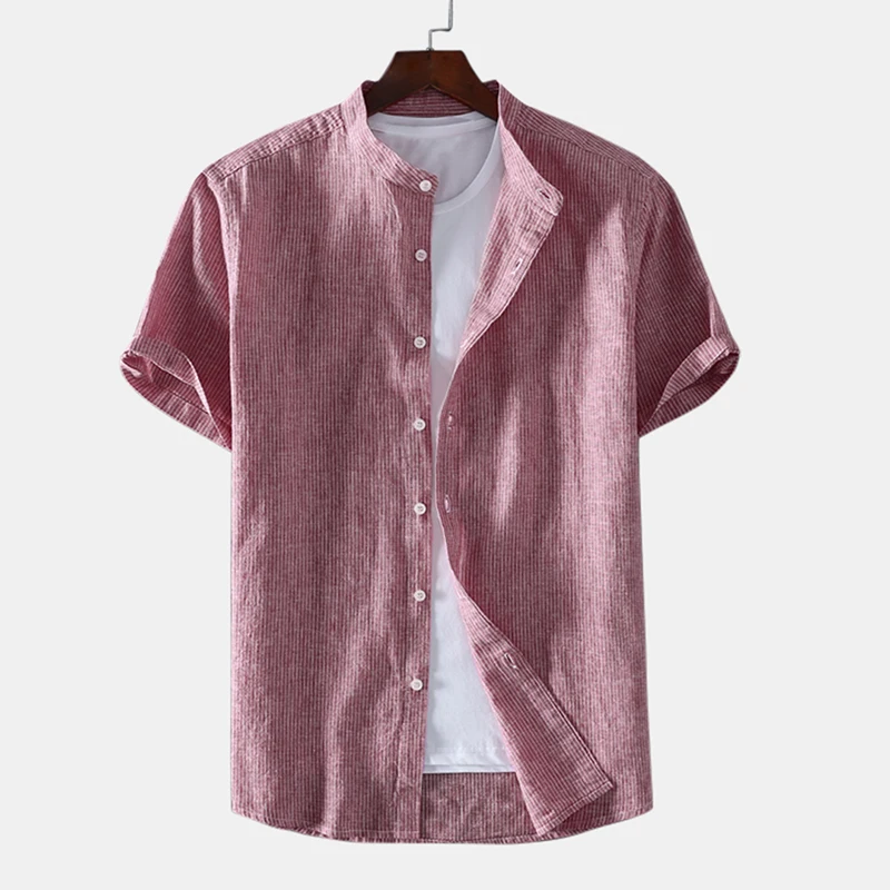 

2019 Summer Casual Striped Shirt Men Short Sleeve Cotton Stand Collar Button Vintage Tops Streetwear Brand Shirts Men Harajuku