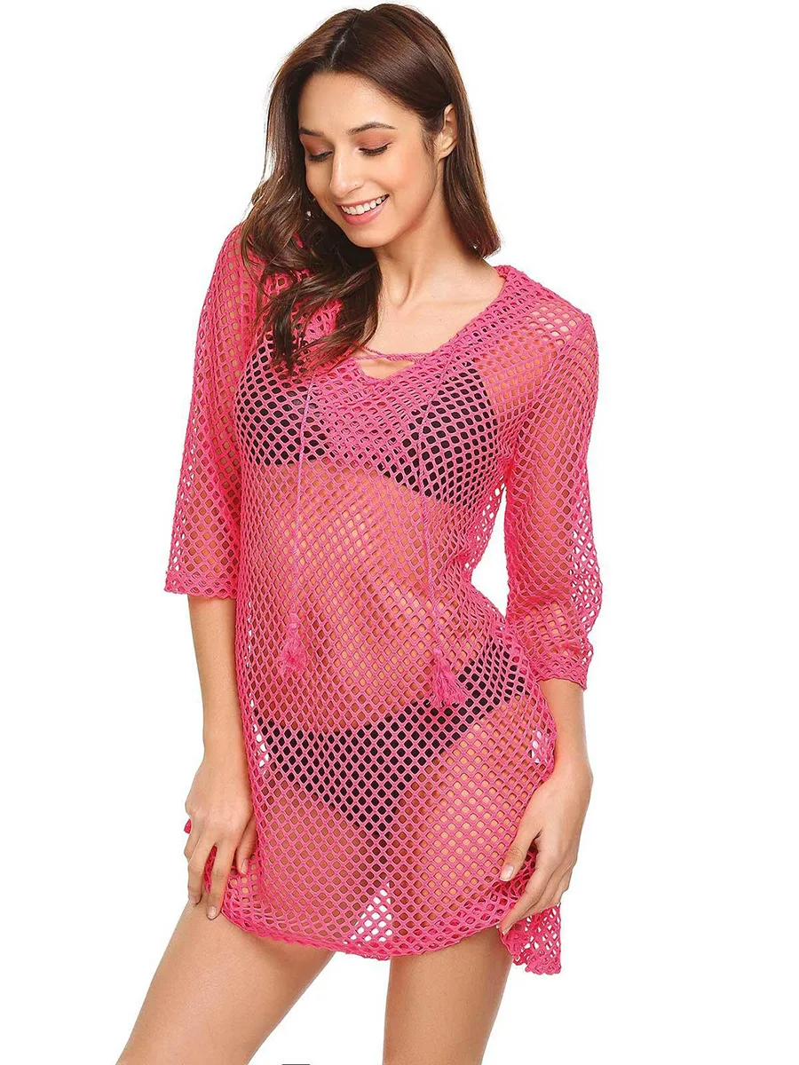

Hirigin Sexy Cover Up Women Swimear 2019 Mesh Fishnet Beach Dress Bandage Bikini Cover Ups Hollow Out Long Sleeve Bathing Suit