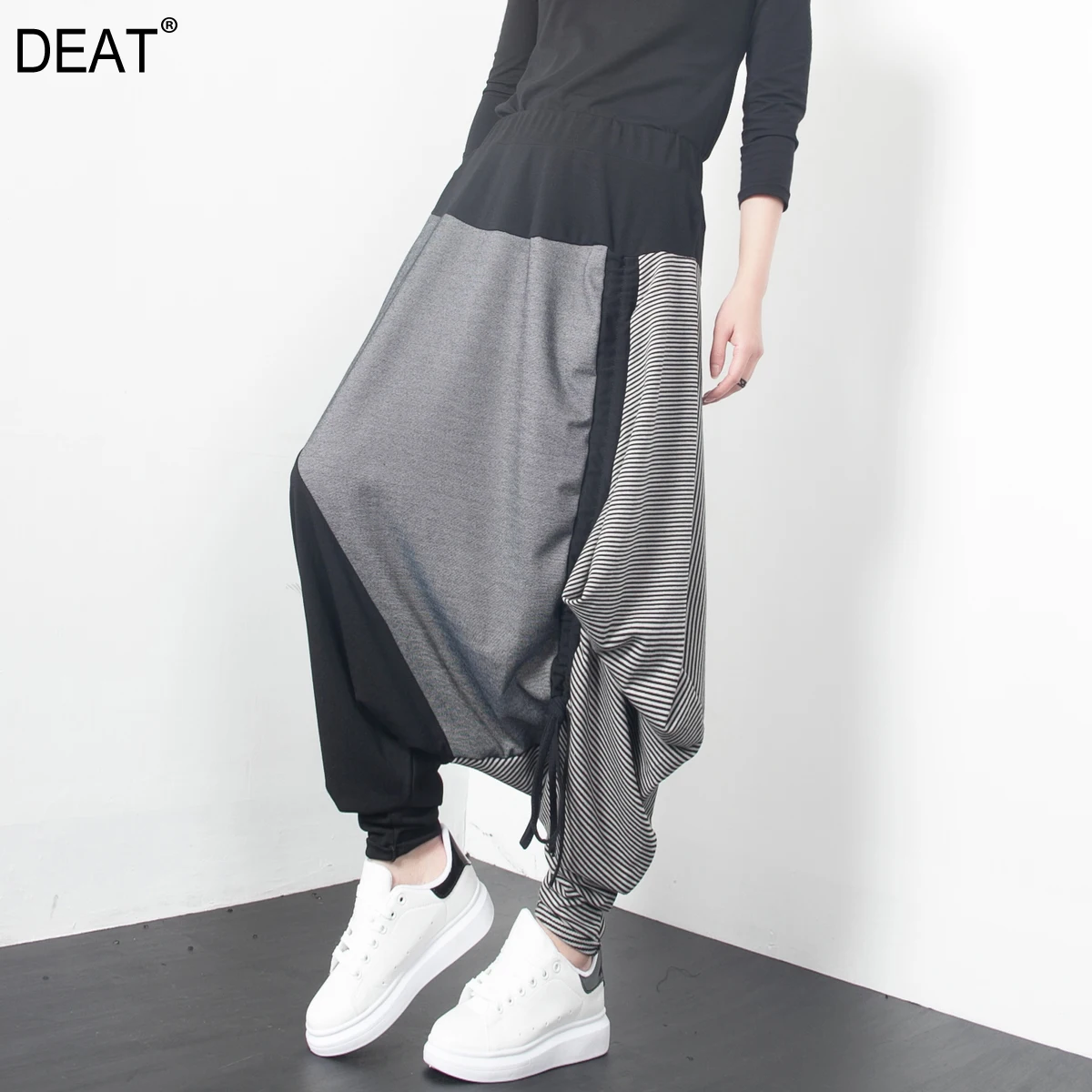 

[DEAT] 2019 New Spring High Waist Solid Color Gray Striped Split Joint Cross-pants Women Fashion Tide All-match JD22602