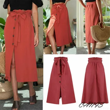 

Sexy Women's Midi Skirt High Waist Front Slit Button Bandage USA Stock