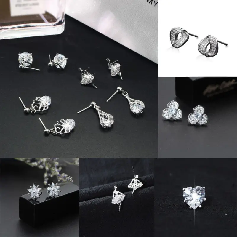 

Women Ladies Crystals Earring Silver Star Elegant Refined Modern Eardrop Bowknot Wedding Jewelry