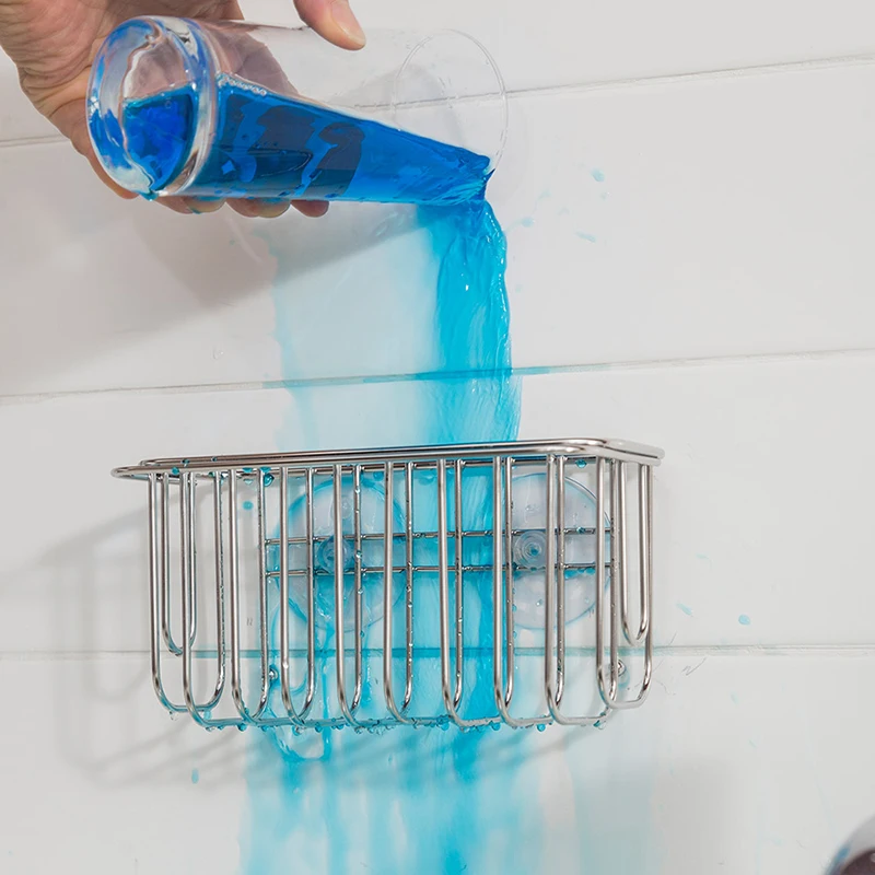 ORZ Kitchen Storage Basket Stainless Steel Bathroom Kitchen Organizer Basket with Suction Cup Sponge Towel Holder Drainer Rack