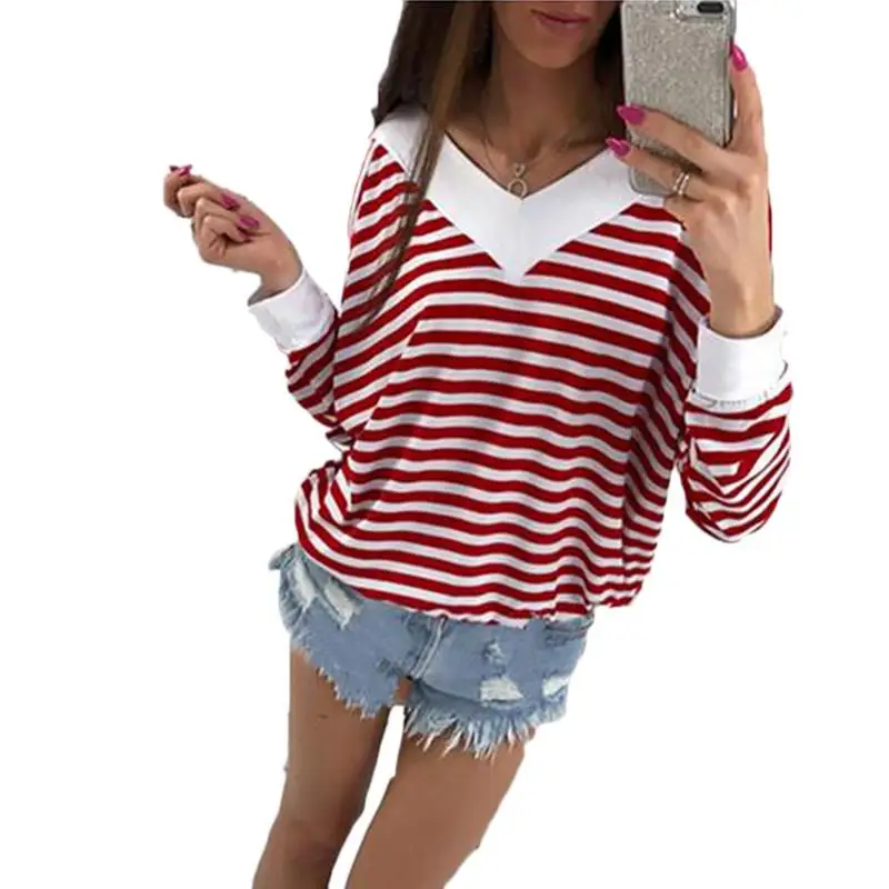 Женские футболки с длинным рукавом в полоску v образным вырезом Повседневная