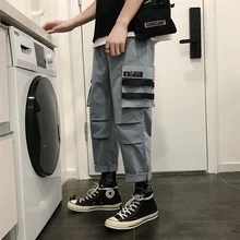 Для мужчин Работа Досуг Хлопок повседневное Брюки Карго черный/серый цвет мотобрюки активные эластичные шаровары хип хоп мужской джоггеры пот