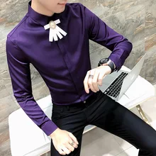 Лучший! Мода Новые Мужская Рубашка Slim Fit Смокинг Рубашка Мужчины Лук С Длинным Рукавом Ночной Клуб Певица Луч